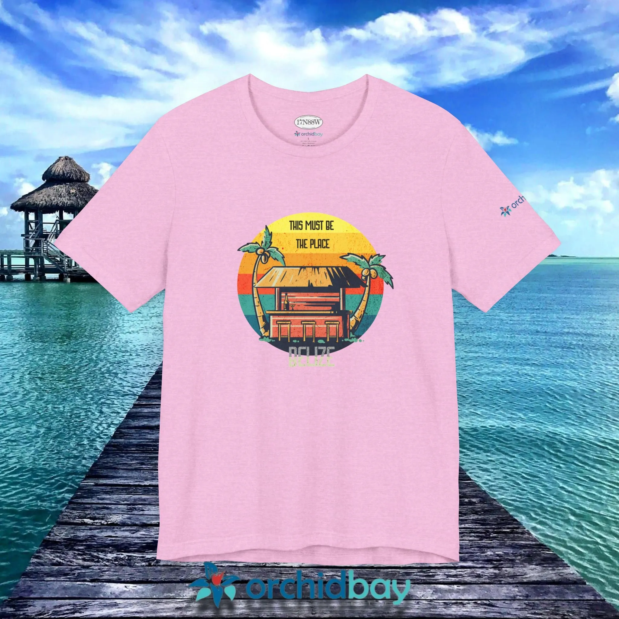 Orchid Bay | Unisex Short Sleeve Tee | This Must Be The Place | Belize | Retro Sunset Tiki Bar