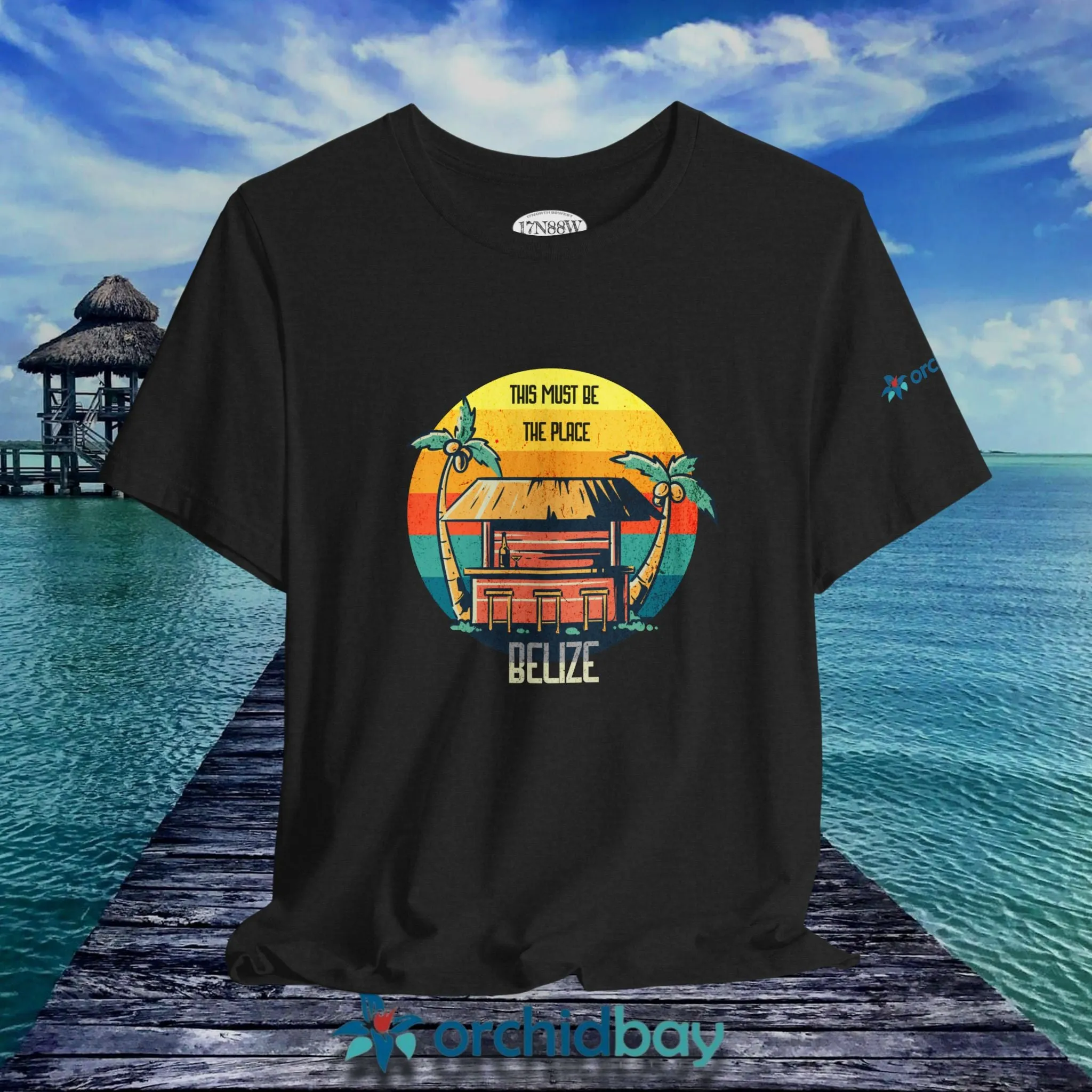 Orchid Bay | Unisex Short Sleeve Tee | This Must Be The Place | Belize | Retro Sunset Tiki Bar