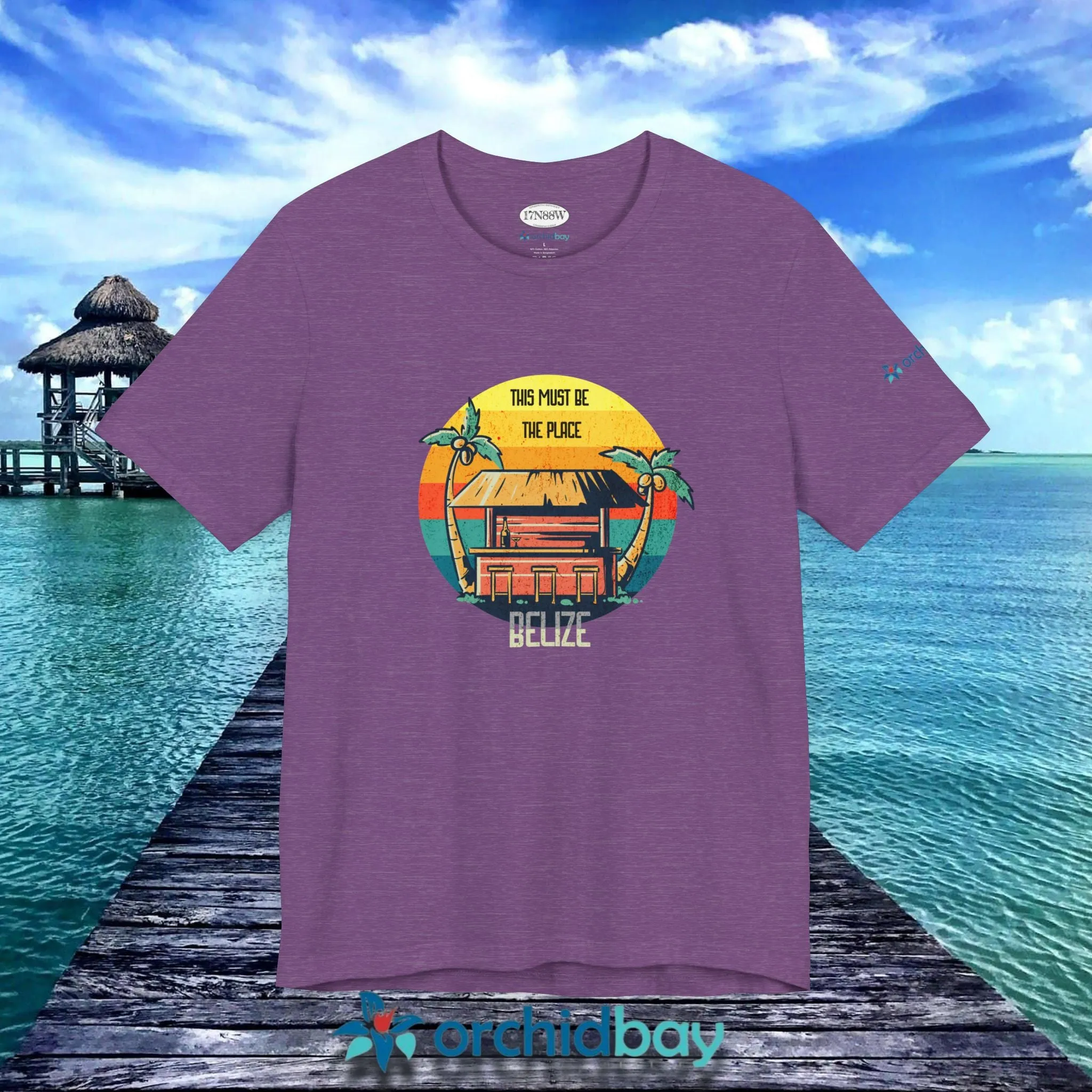 Orchid Bay | Unisex Short Sleeve Tee | This Must Be The Place | Belize | Retro Sunset Tiki Bar