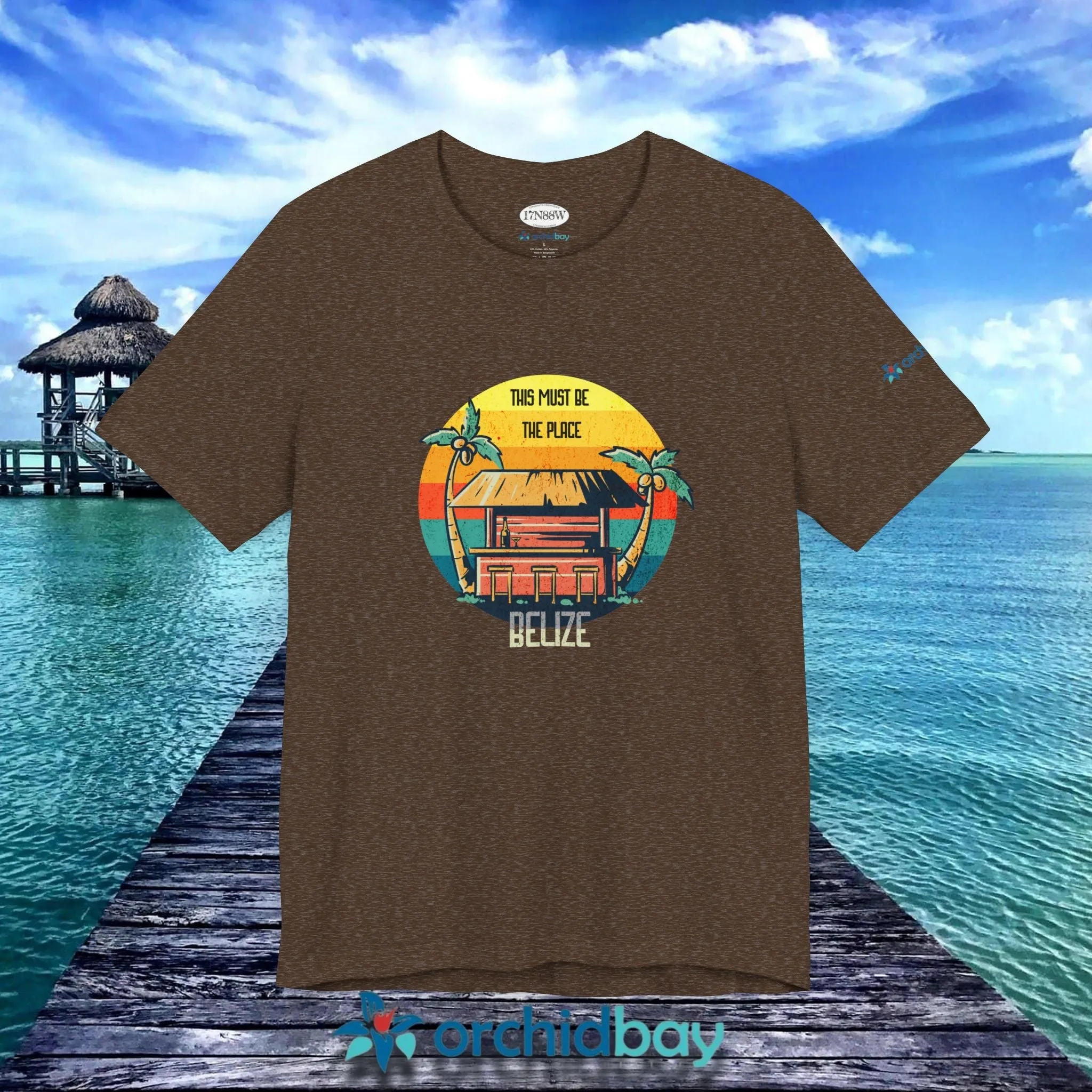 Orchid Bay | Unisex Short Sleeve Tee | This Must Be The Place | Belize | Retro Sunset Tiki Bar
