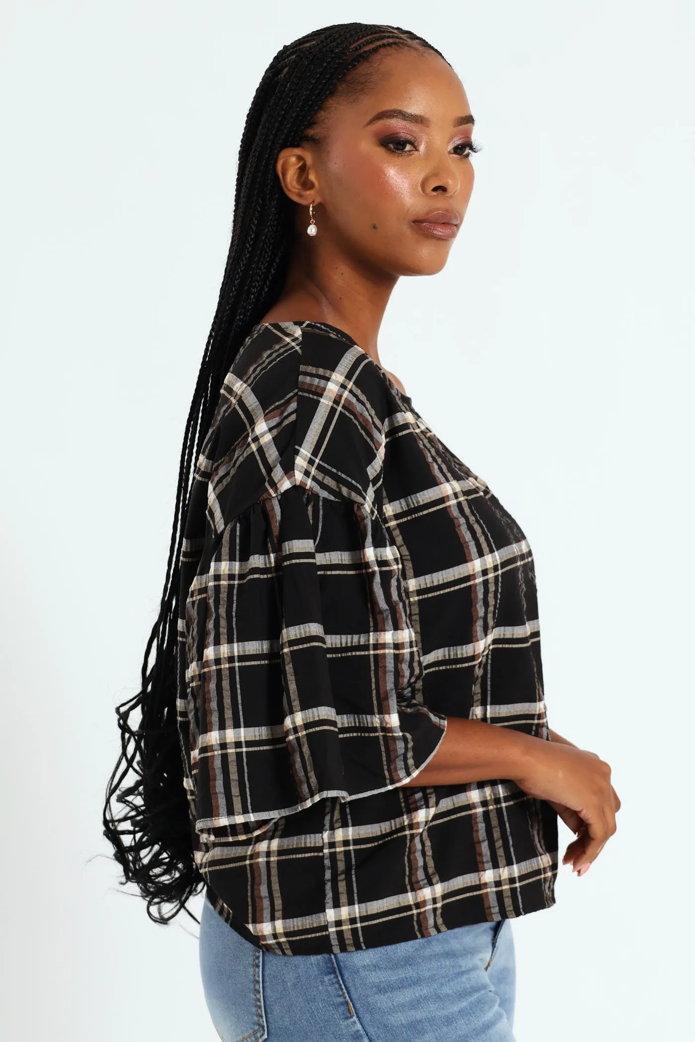 Oversized Frill Sleeve Boxy Top - Black/Beige