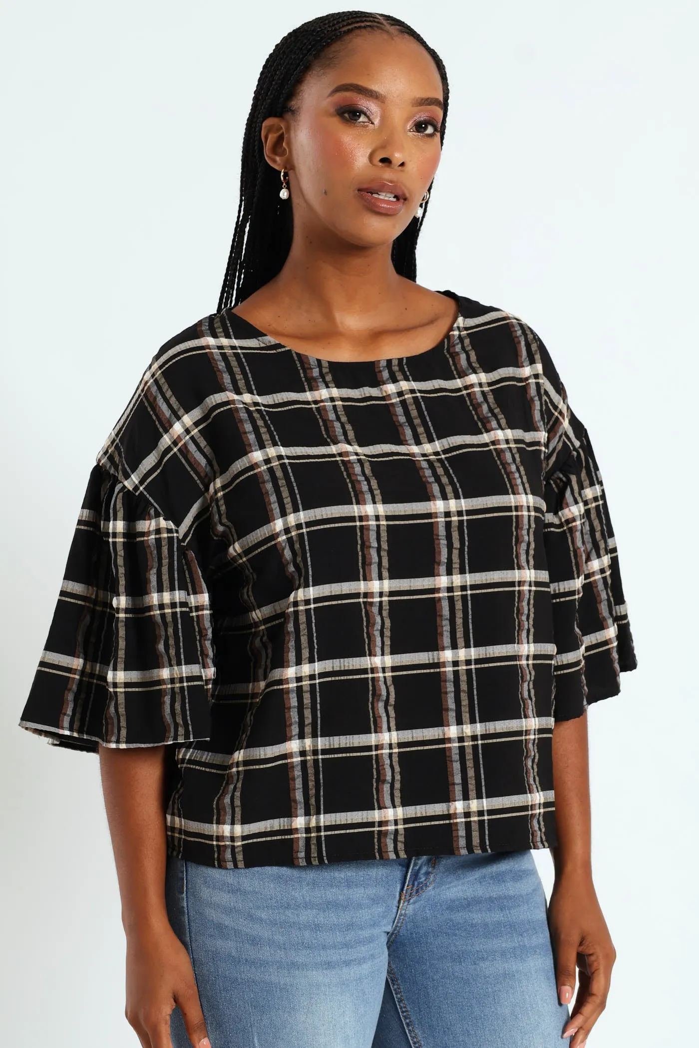 Oversized Frill Sleeve Boxy Top - Black/Beige