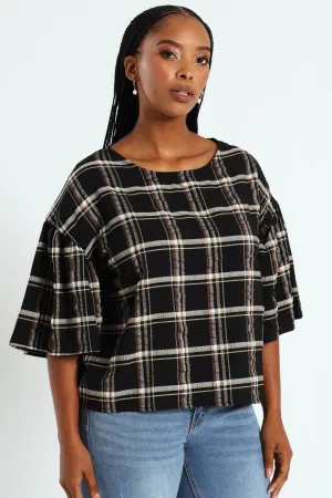 Oversized Frill Sleeve Boxy Top - Black/Beige