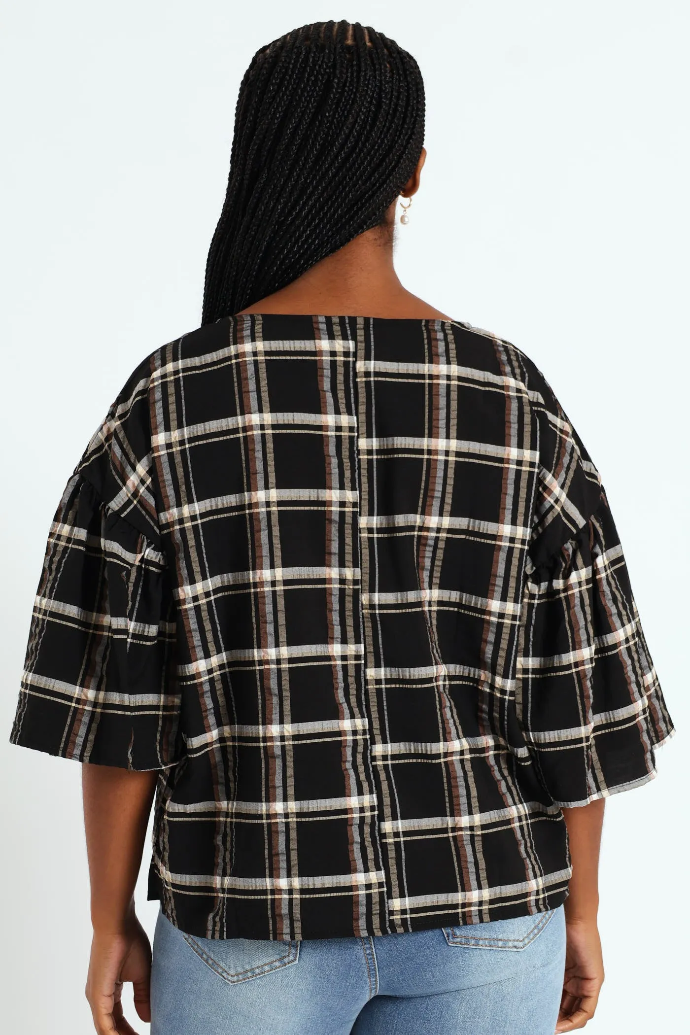 Oversized Frill Sleeve Boxy Top - Black/Beige