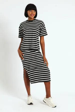 Oversized Striped Rib Boxy Tee - Black/Cream