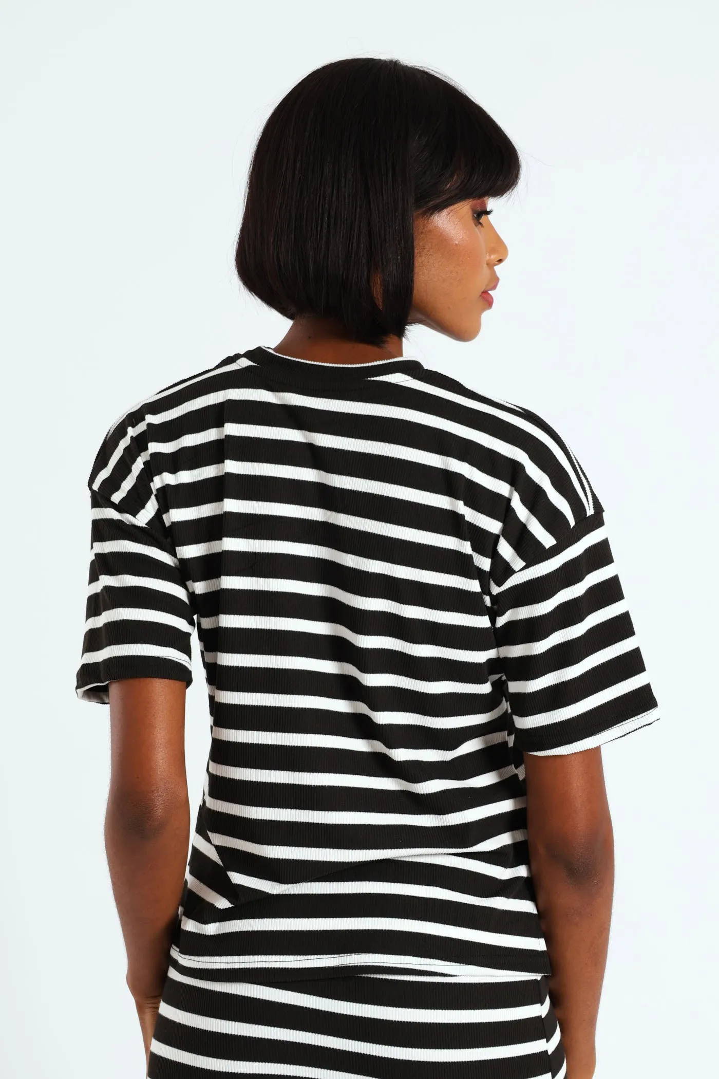 Oversized Striped Rib Boxy Tee - Black/Cream