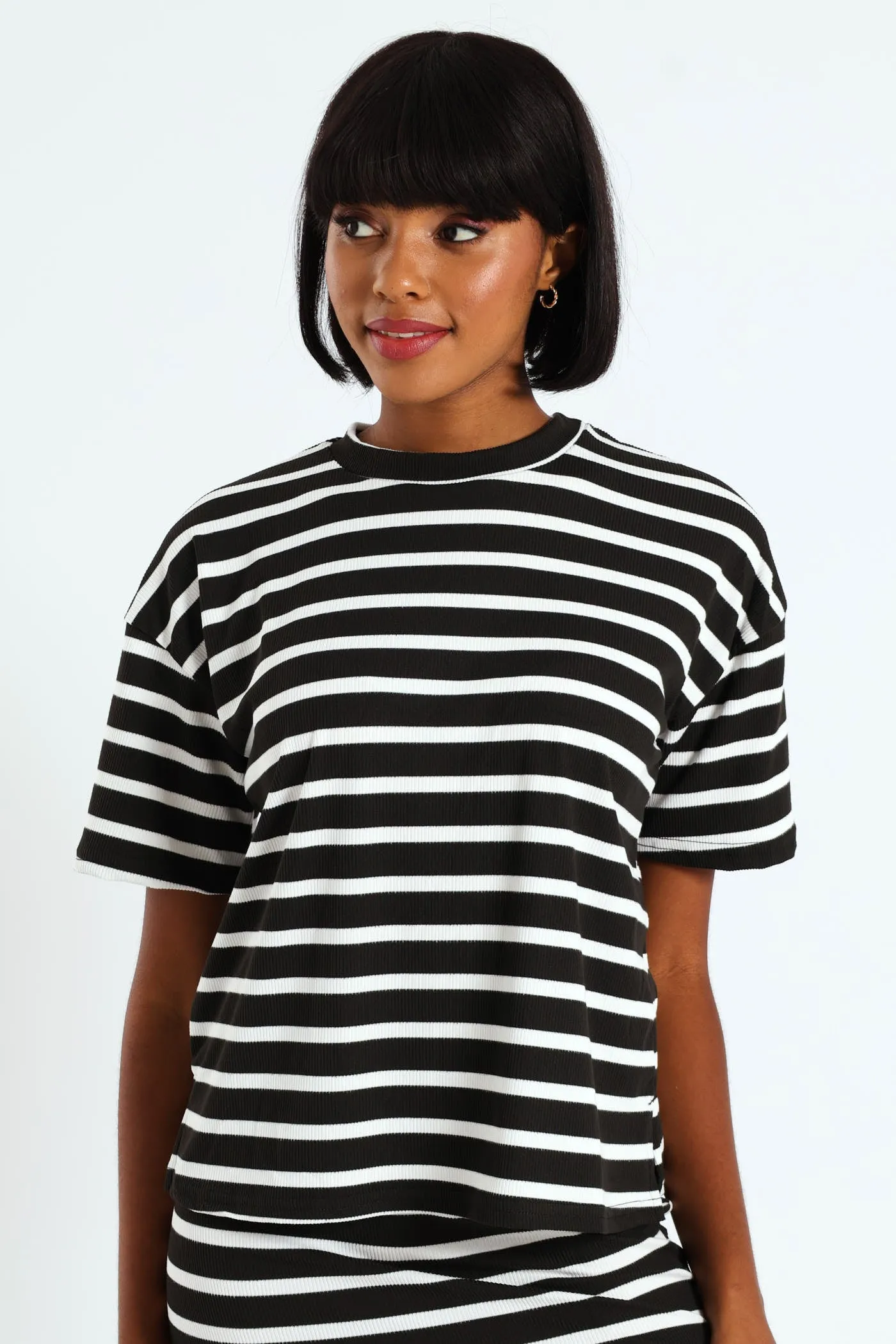 Oversized Striped Rib Boxy Tee - Black/Cream