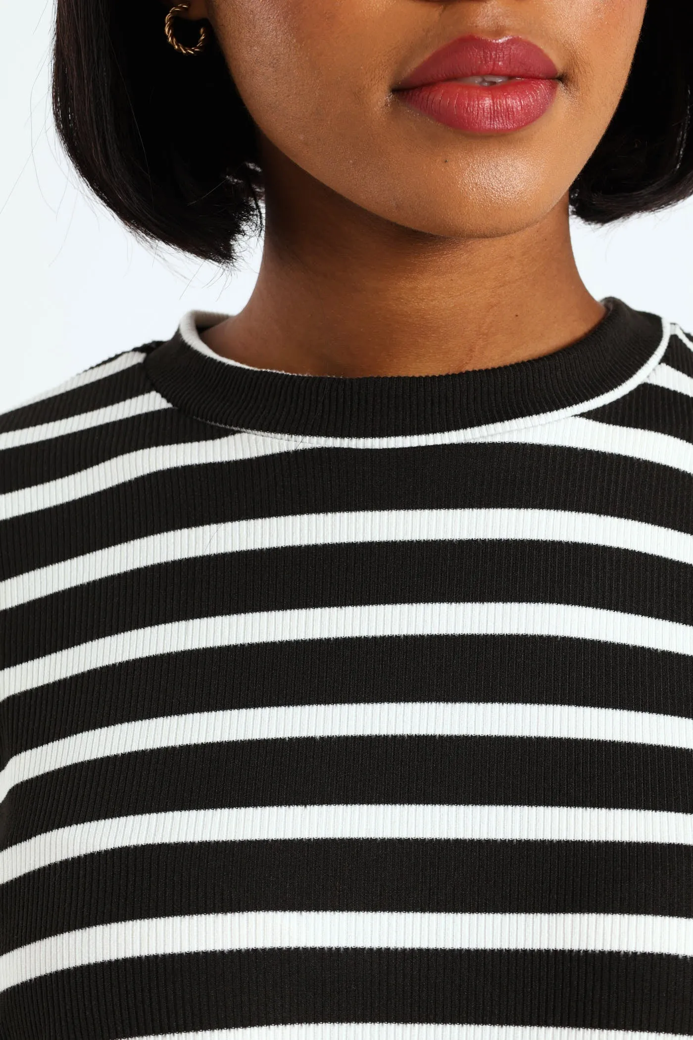 Oversized Striped Rib Boxy Tee - Black/Cream