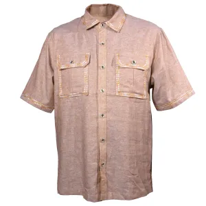 Prestige Khaki Linen Short-Sleeve Shirt with Contrast Stitching