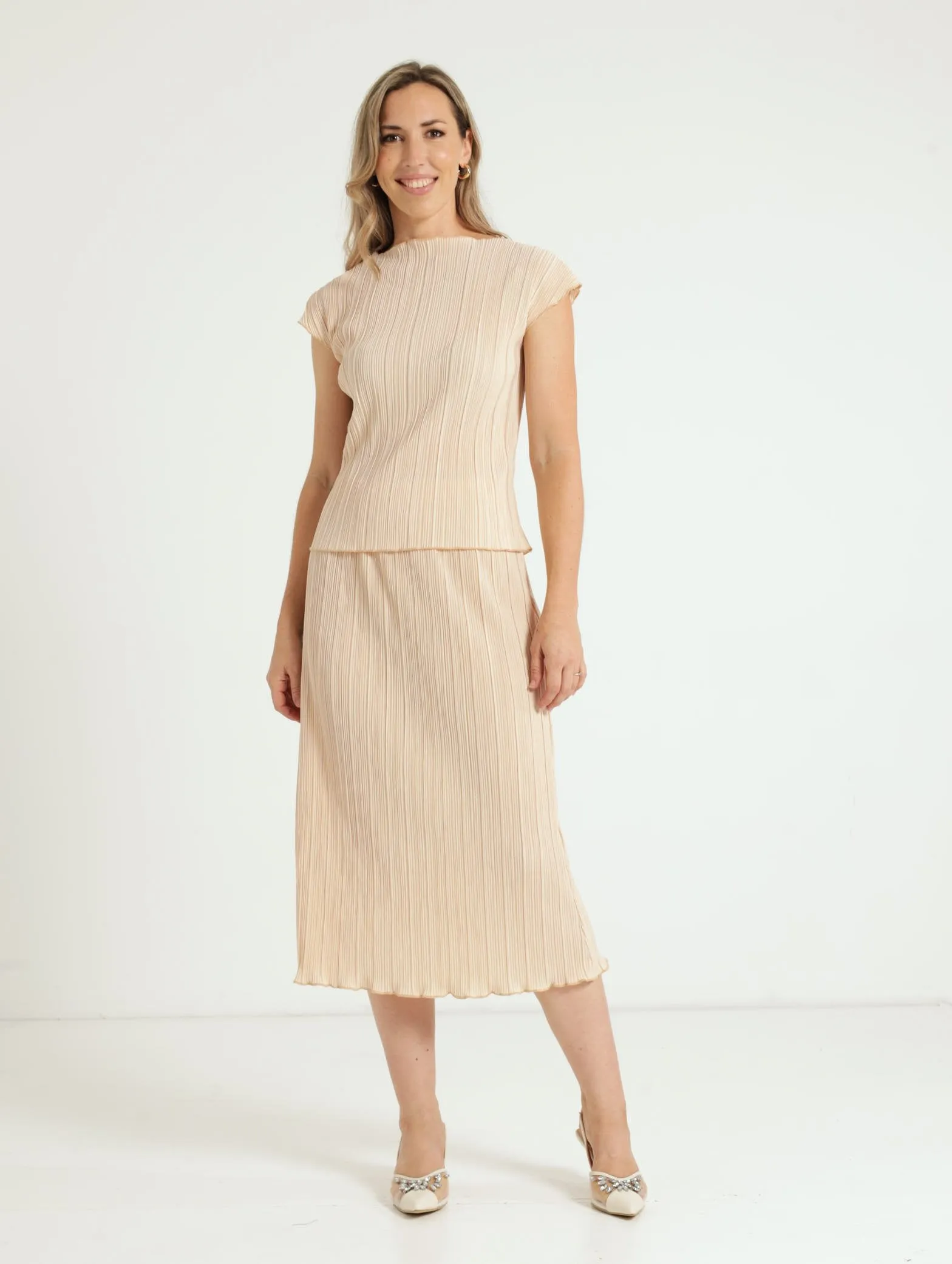 Pull On Plisse Midi Skirt - Light Stone