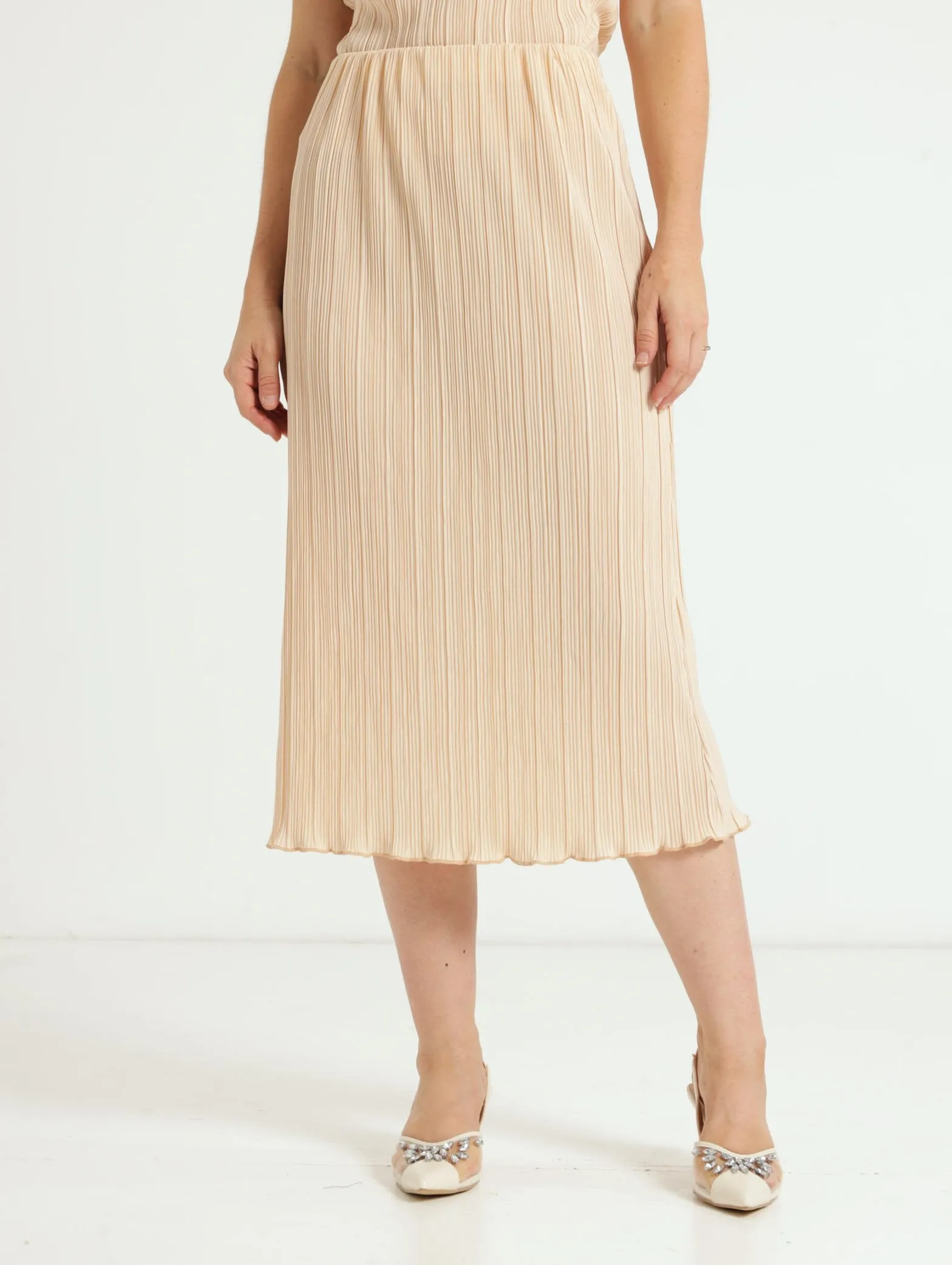 Pull On Plisse Midi Skirt - Light Stone