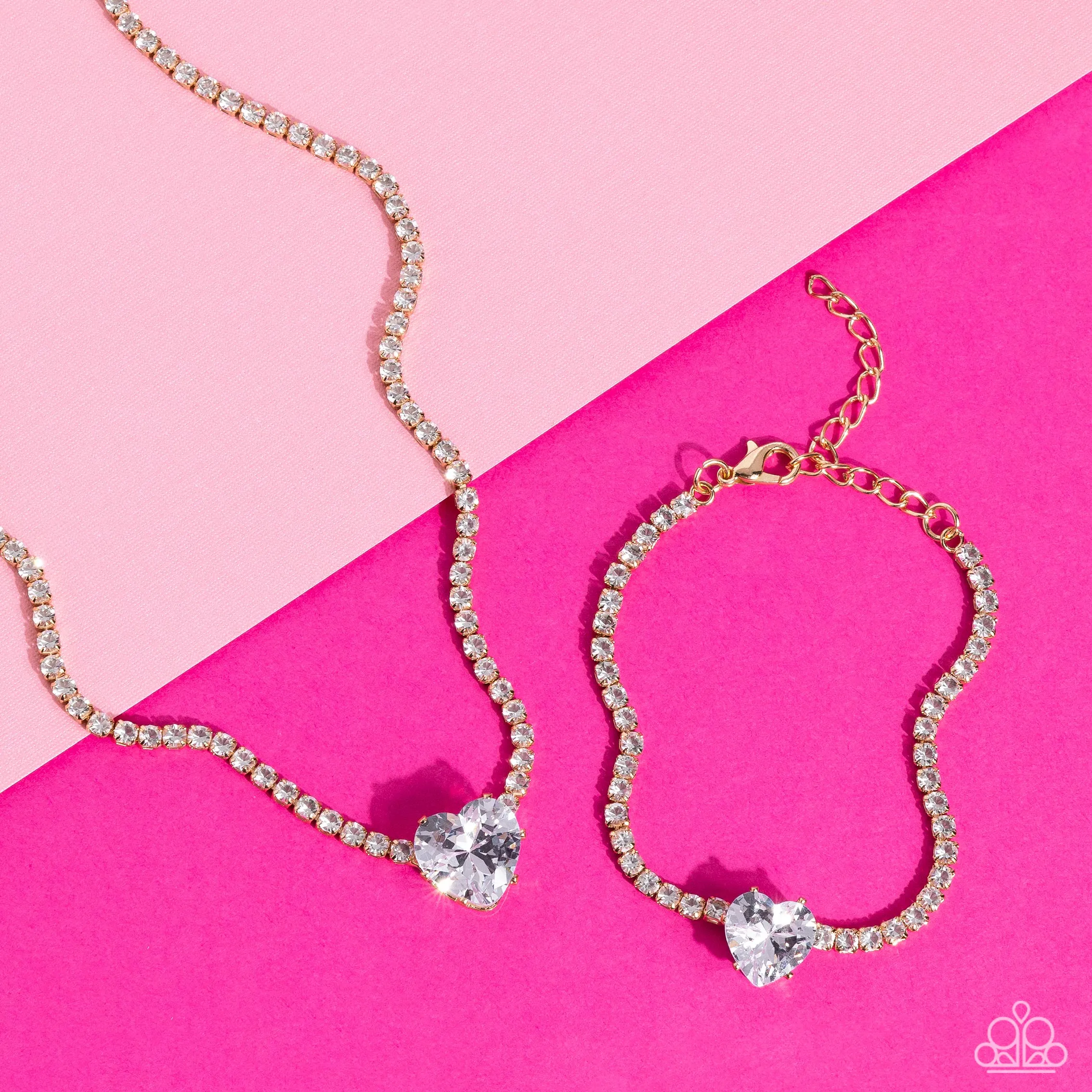 "Flirty Fiancé" Gold White/Clear Rhinestone Chain & Heart Choker Necklace Set