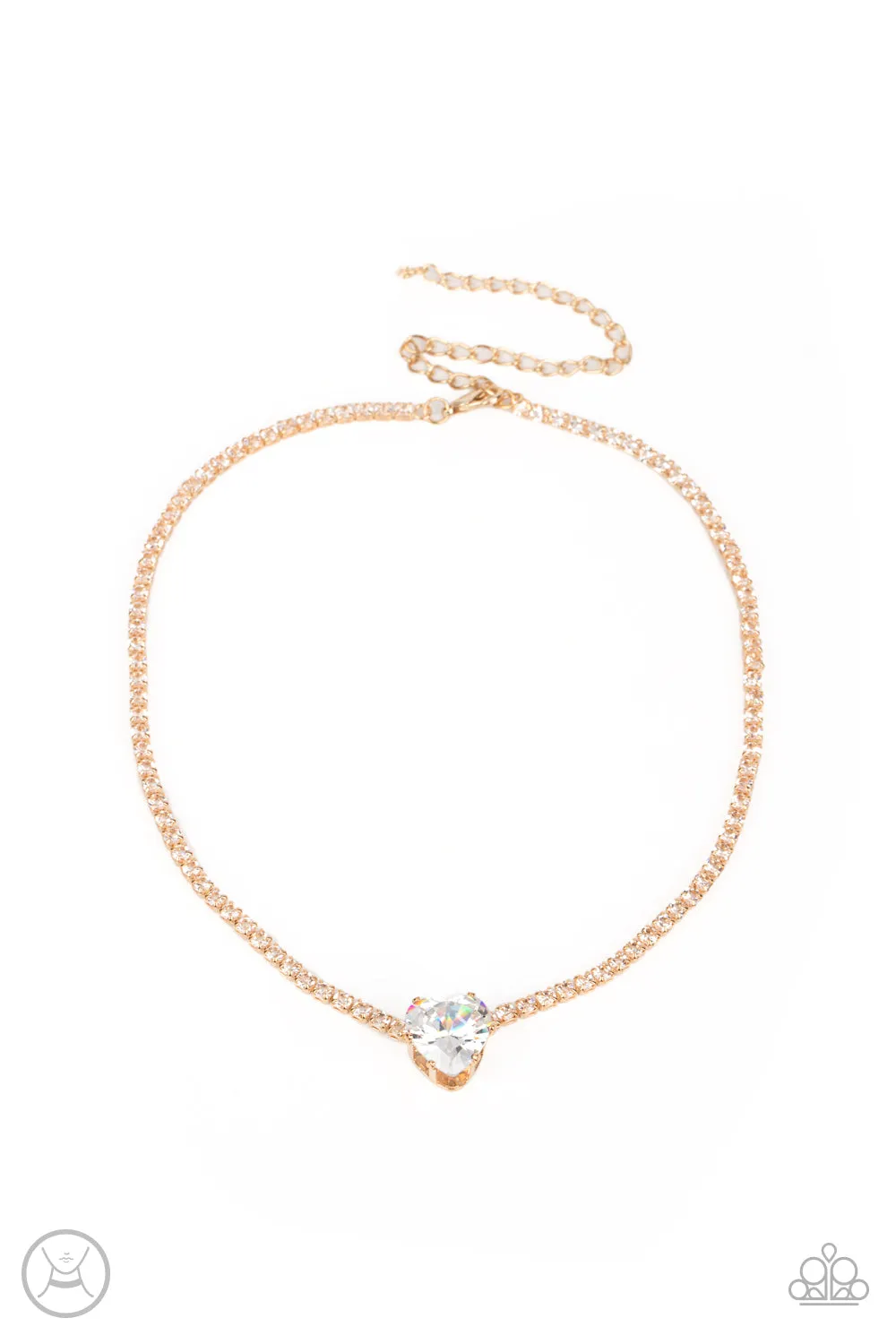 "Flirty Fiancé" Gold White/Clear Rhinestone Chain & Heart Choker Necklace Set