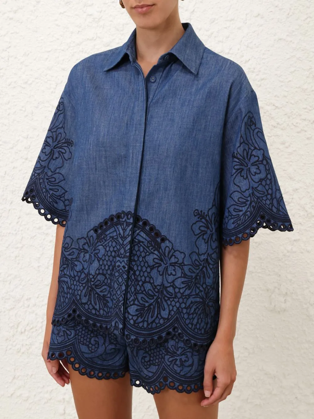 Railway Blue Coco Embroidered Denim Shirt