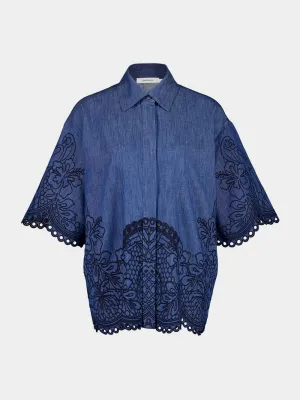 Railway Blue Coco Embroidered Denim Shirt