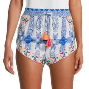 Rococo Sand Embroidered Tie-Front Shorts, Blue Multi