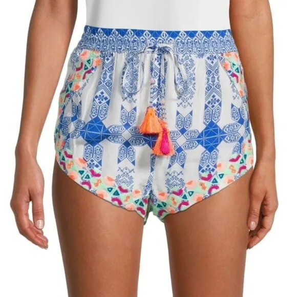 Rococo Sand Embroidered Tie-Front Shorts, Blue Multi