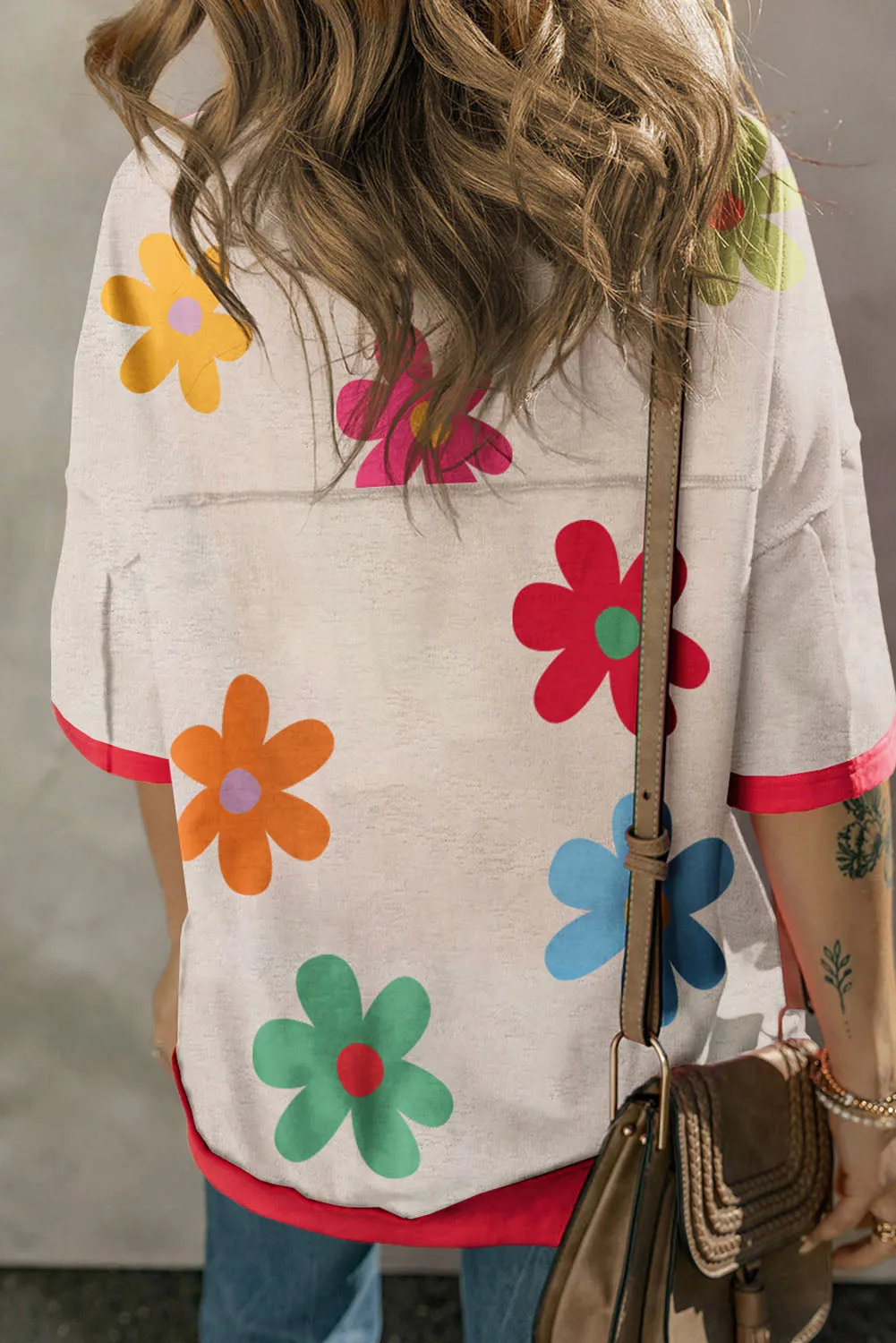 Rose Floral Grommet Accent Contrast Trim Drop Shoulder T-shirt