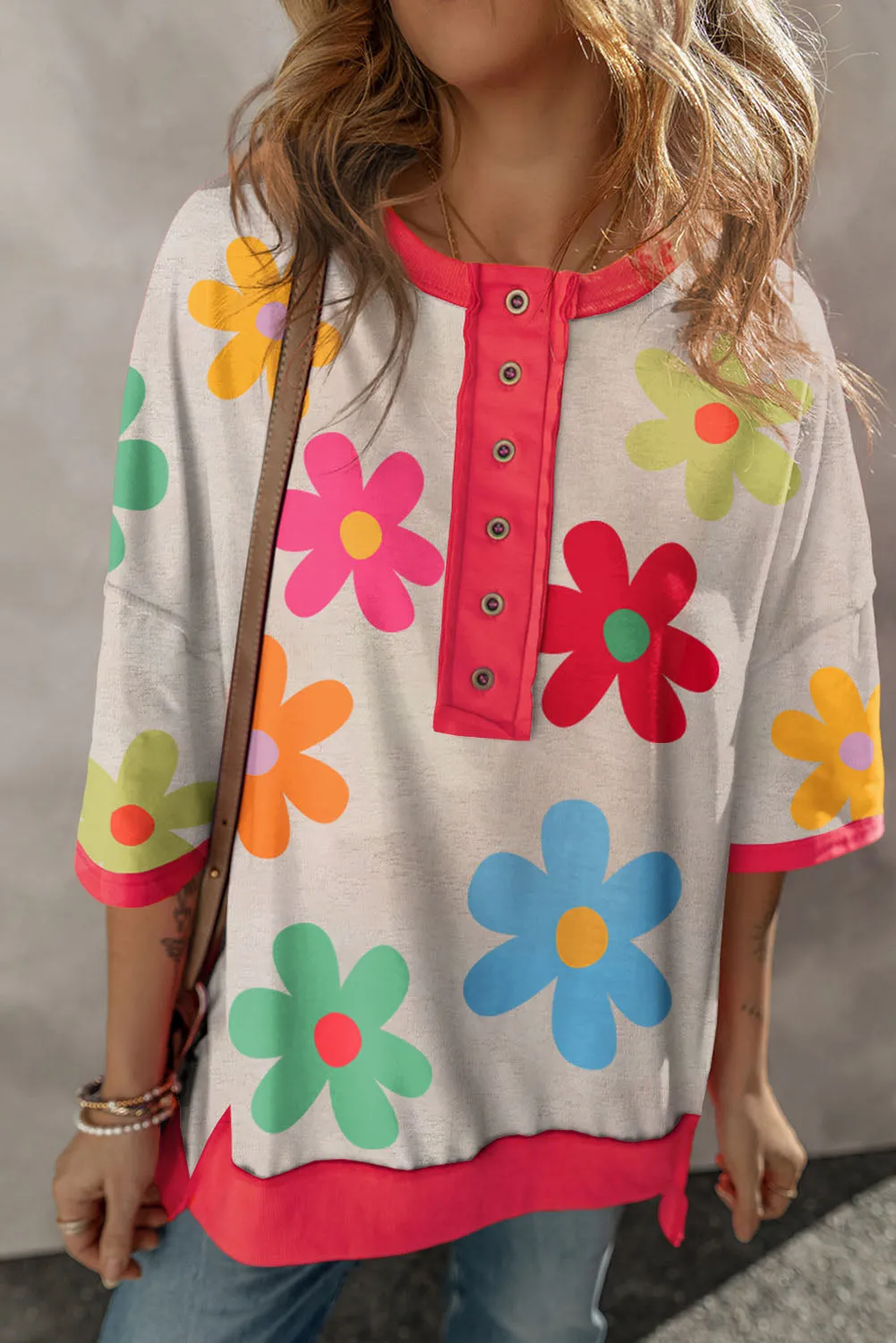 Rose Floral Grommet Accent Contrast Trim Drop Shoulder T-shirt