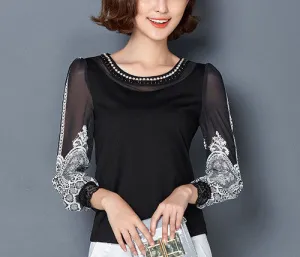 S-4XL Women clothing Elegant Chiffon blouse Long sleeve Patchwork Printed shirt Beaded Plus size Casual Women lace Tops