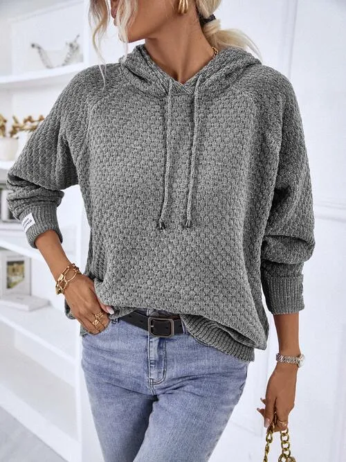 Samarah Texture Drawstring Long Sleeve Hooded Sweater