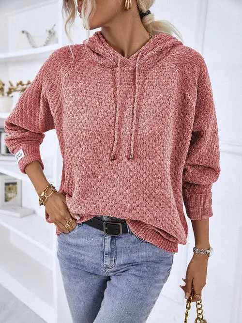Samarah Texture Drawstring Long Sleeve Hooded Sweater