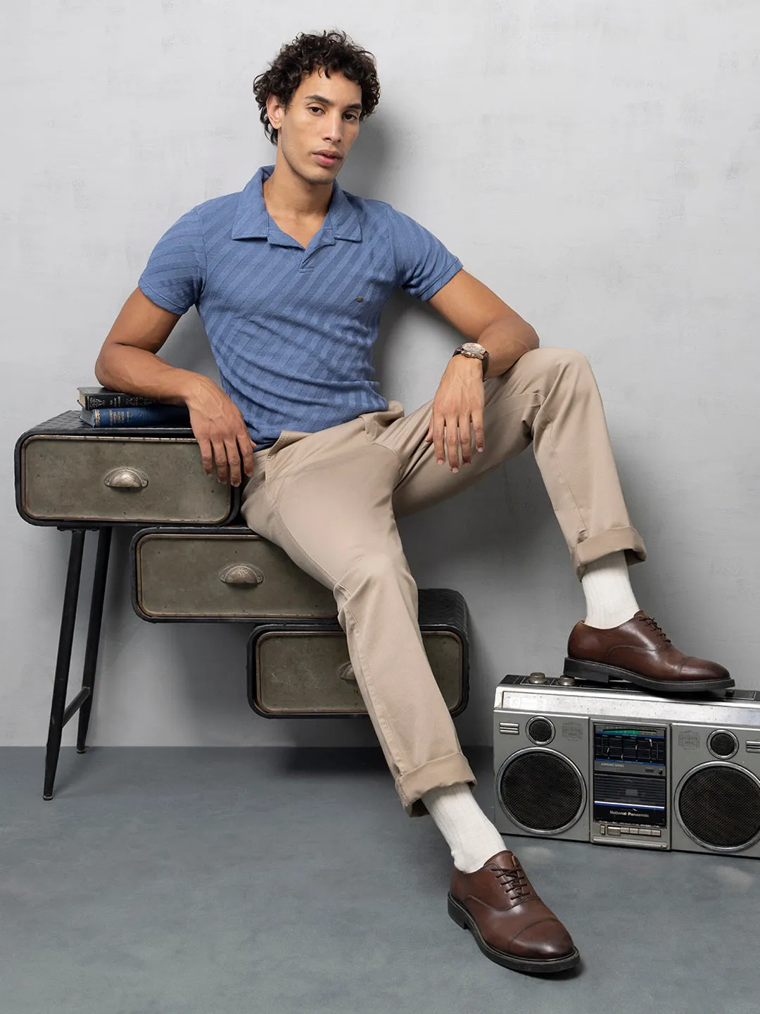 Self-Structured Blue Polo T-Shirt
