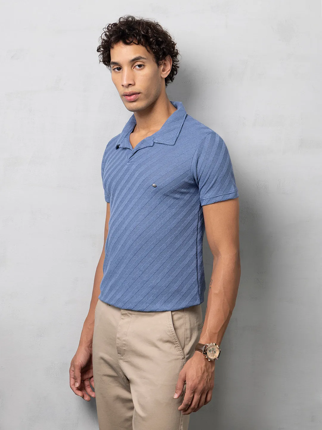 Self-Structured Blue Polo T-Shirt