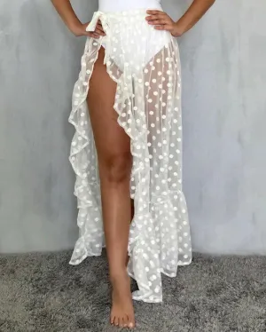 Sheer Polka Dot Ruffle Beach Skirt with High Slit