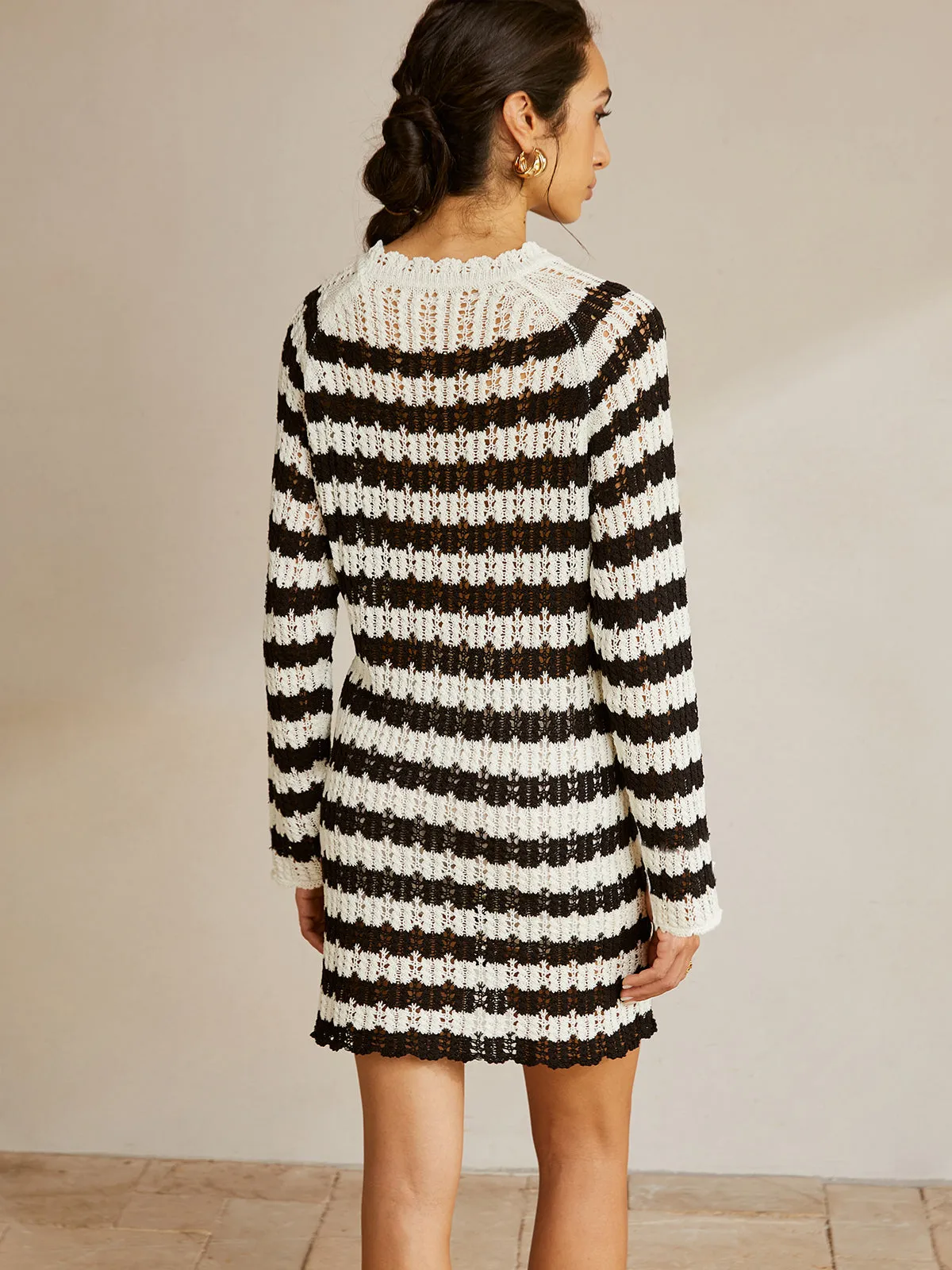 Striped Lettuce Trim Hollow Sweater