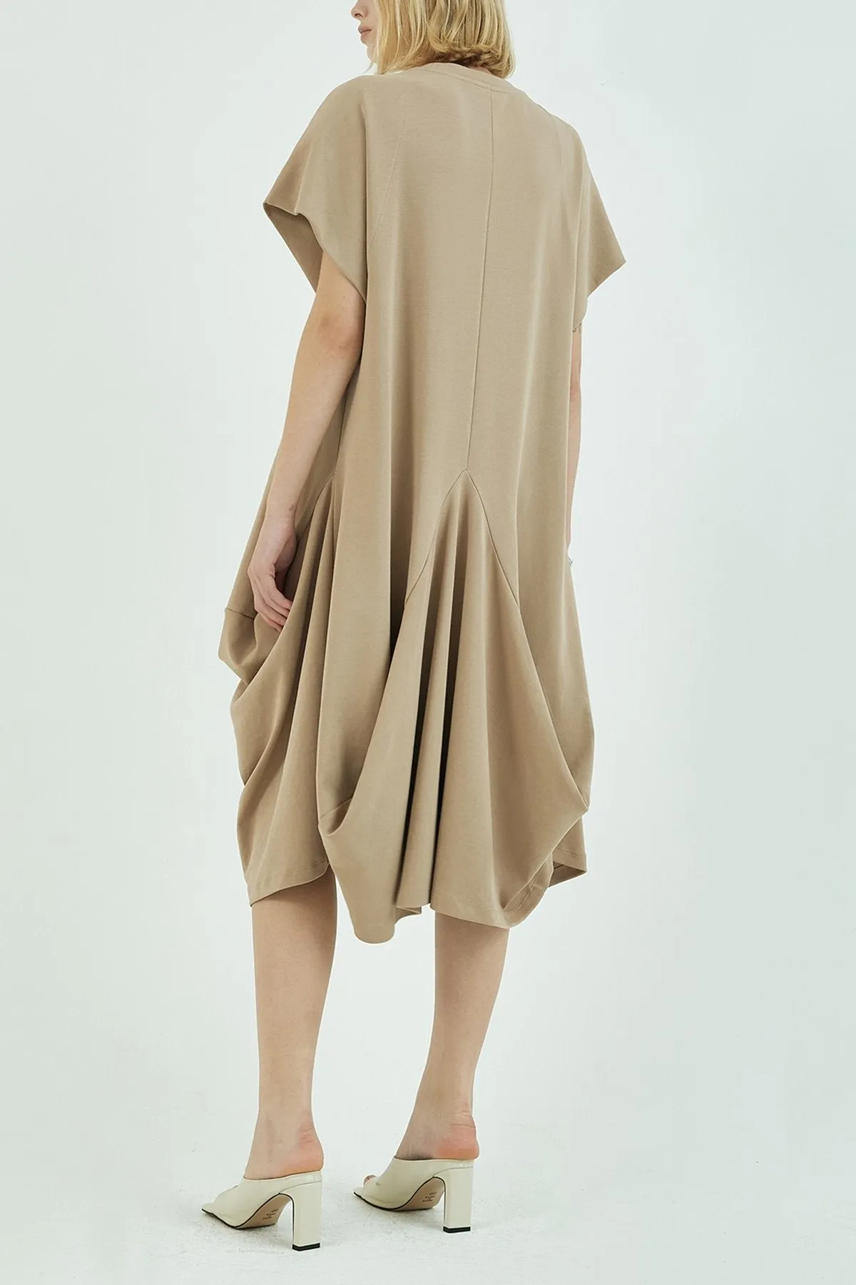 Structured Draping Cotton Jersey Midi Dress in Beige
