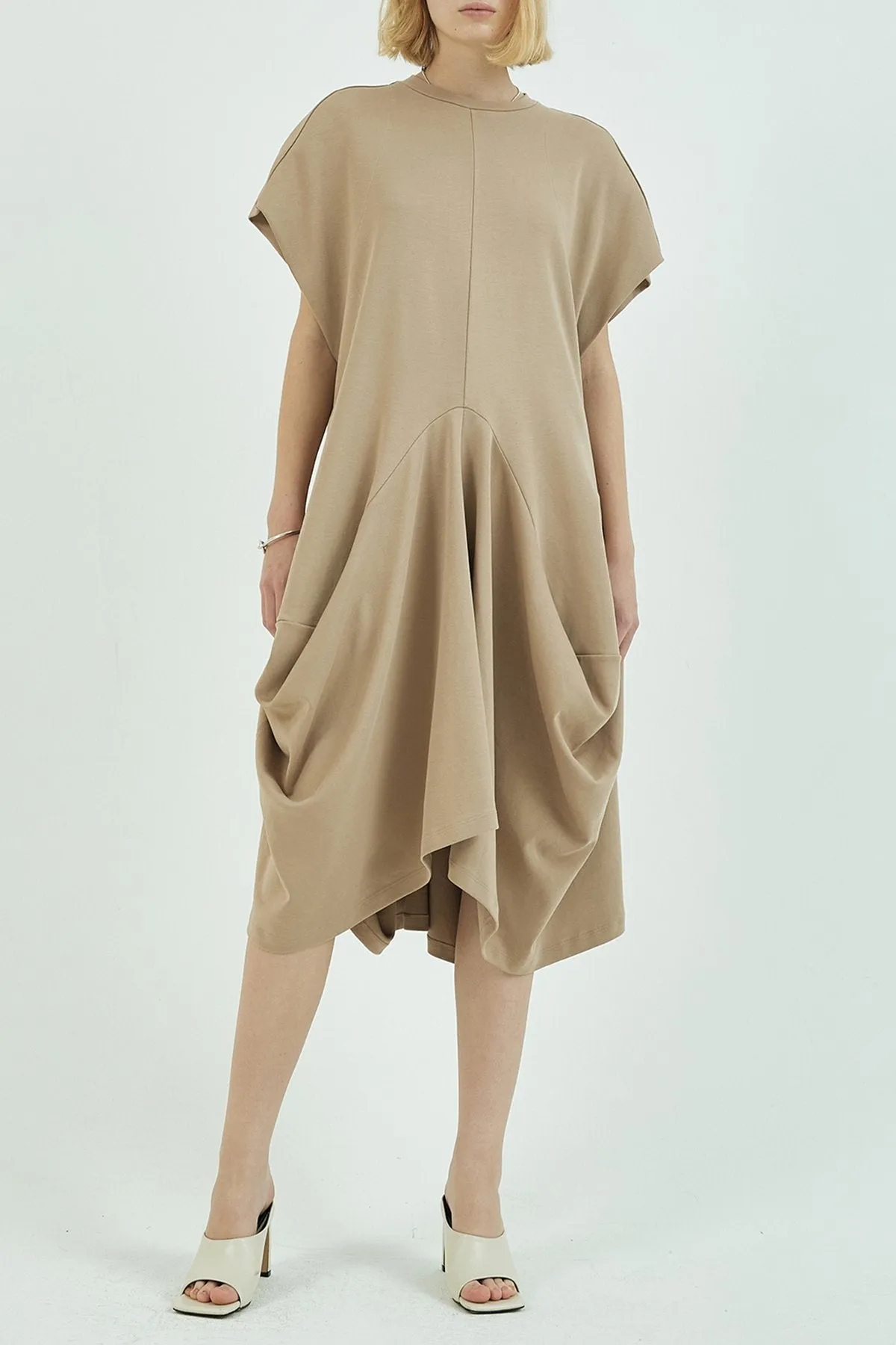 Structured Draping Cotton Jersey Midi Dress in Beige