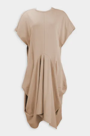 Structured Draping Cotton Jersey Midi Dress in Beige