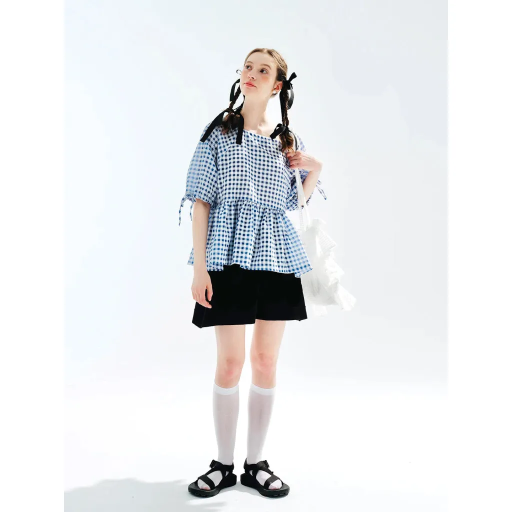 Summer Blue Plaid Puff Sleeve Casual Shirt