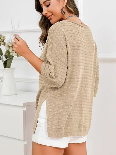 Tasha Rolled Round Neck Dropped Shoulder Slit Sweater