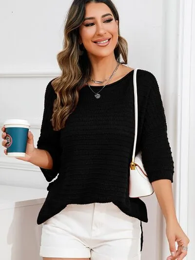 Tasha Rolled Round Neck Dropped Shoulder Slit Sweater