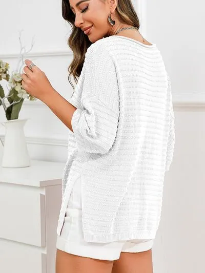 Tasha Rolled Round Neck Dropped Shoulder Slit Sweater
