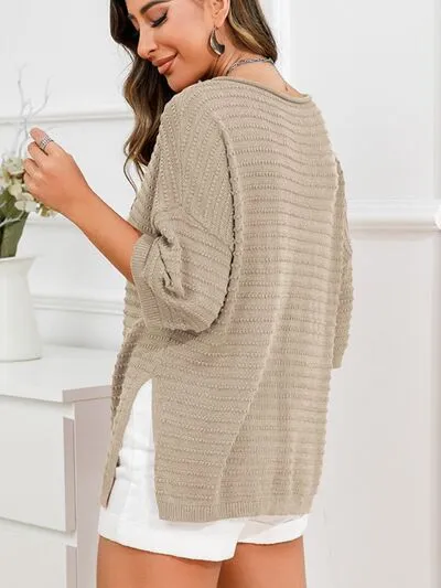 Tasha Rolled Round Neck Dropped Shoulder Slit Sweater