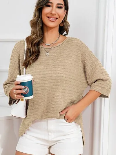 Tasha Rolled Round Neck Dropped Shoulder Slit Sweater