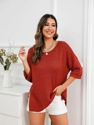Tasha Rolled Round Neck Dropped Shoulder Slit Sweater