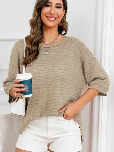 Tasha Rolled Round Neck Dropped Shoulder Slit Sweater