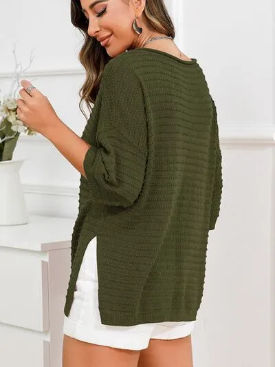 Tasha Rolled Round Neck Dropped Shoulder Slit Sweater