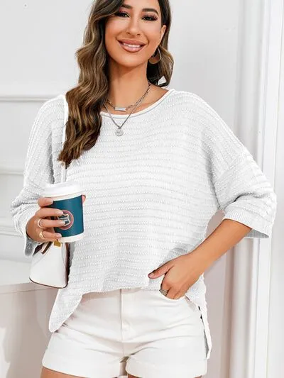 Tasha Rolled Round Neck Dropped Shoulder Slit Sweater