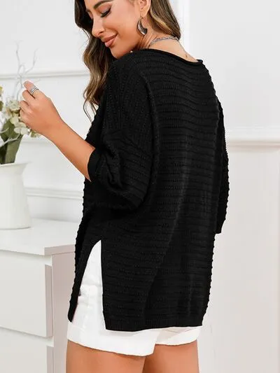 Tasha Rolled Round Neck Dropped Shoulder Slit Sweater