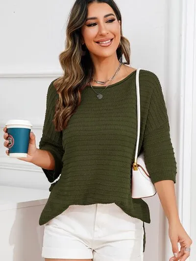 Tasha Rolled Round Neck Dropped Shoulder Slit Sweater