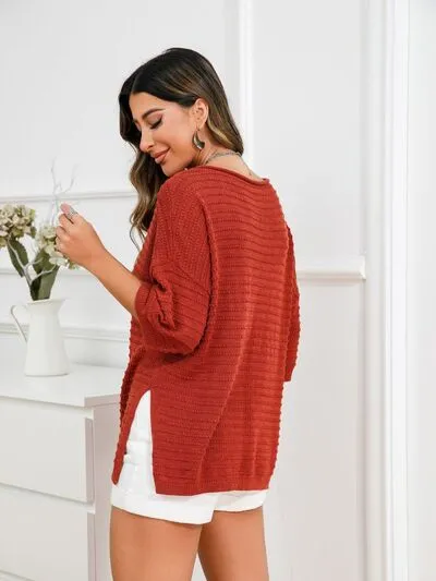 Tasha Rolled Round Neck Dropped Shoulder Slit Sweater