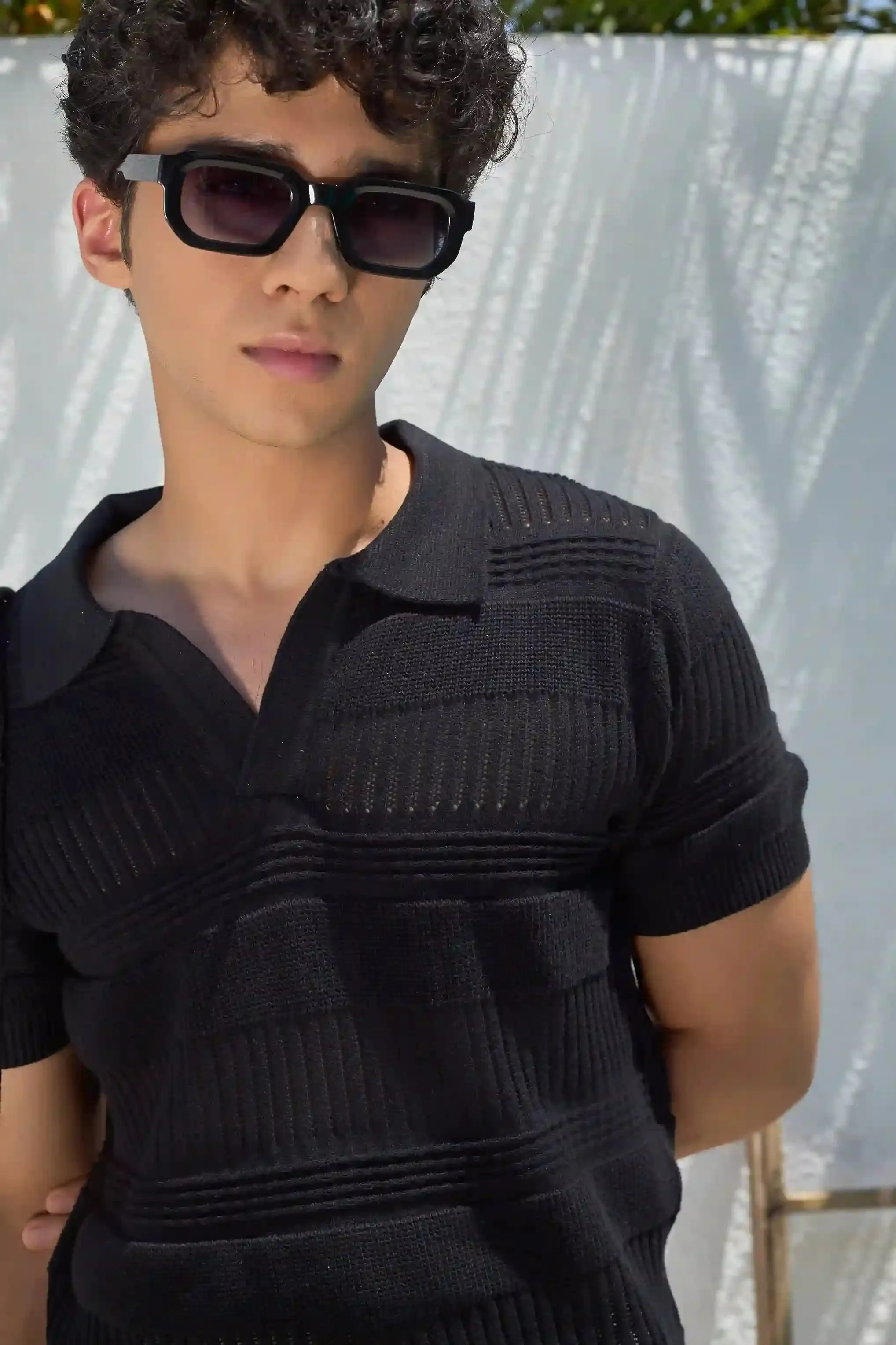 Textured Knit Polo T-Shirt - Black