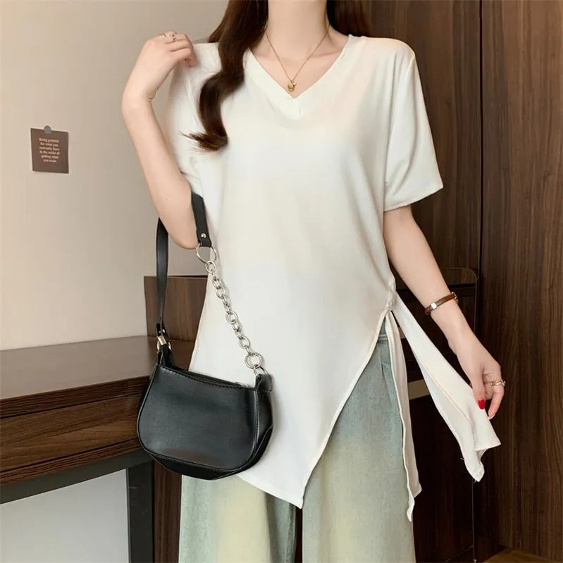 Trendy Solid Color T-Shirt for Women with Split Thigh Design