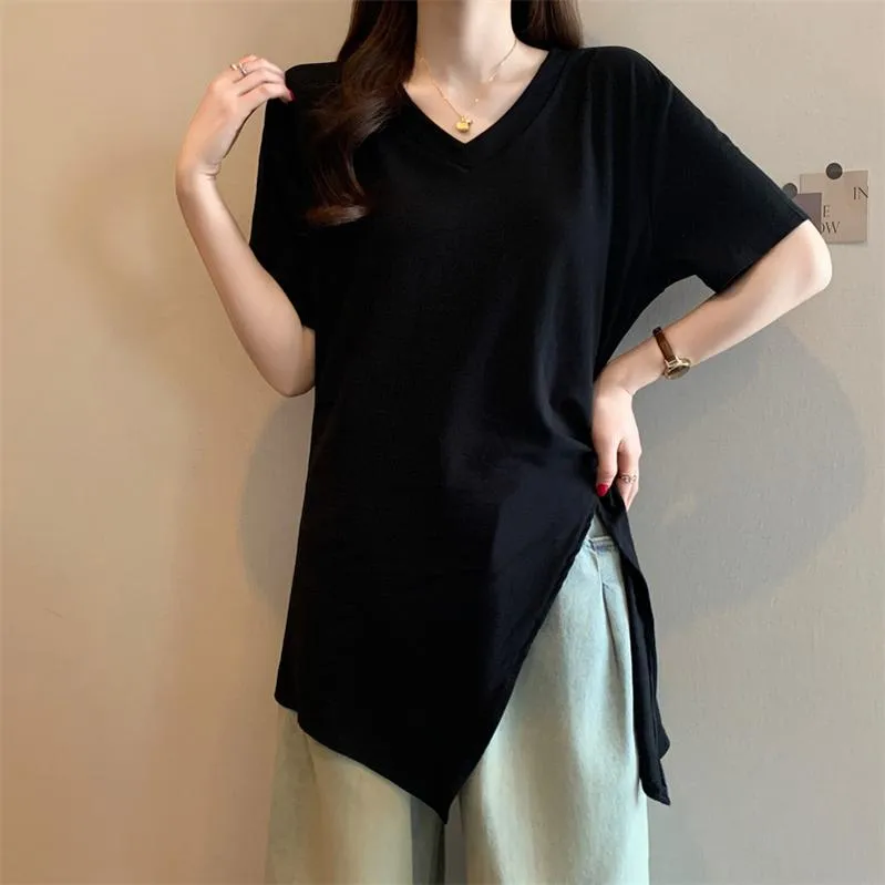 Trendy Solid Color T-Shirt for Women with Split Thigh Design