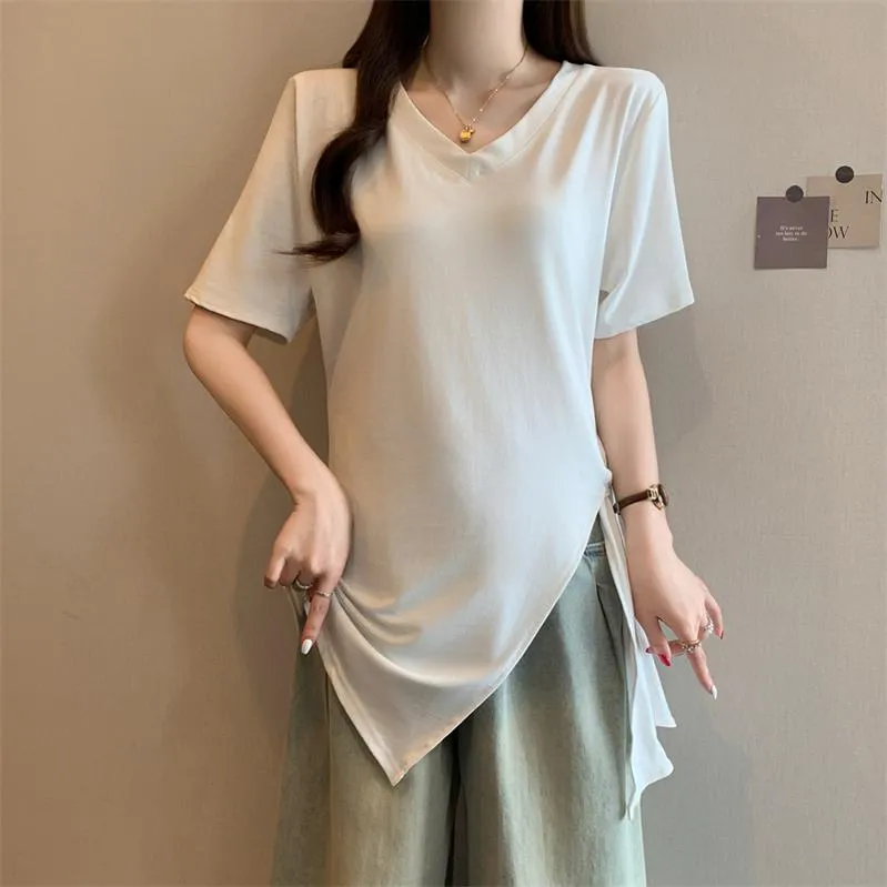Trendy Solid Color T-Shirt for Women with Split Thigh Design